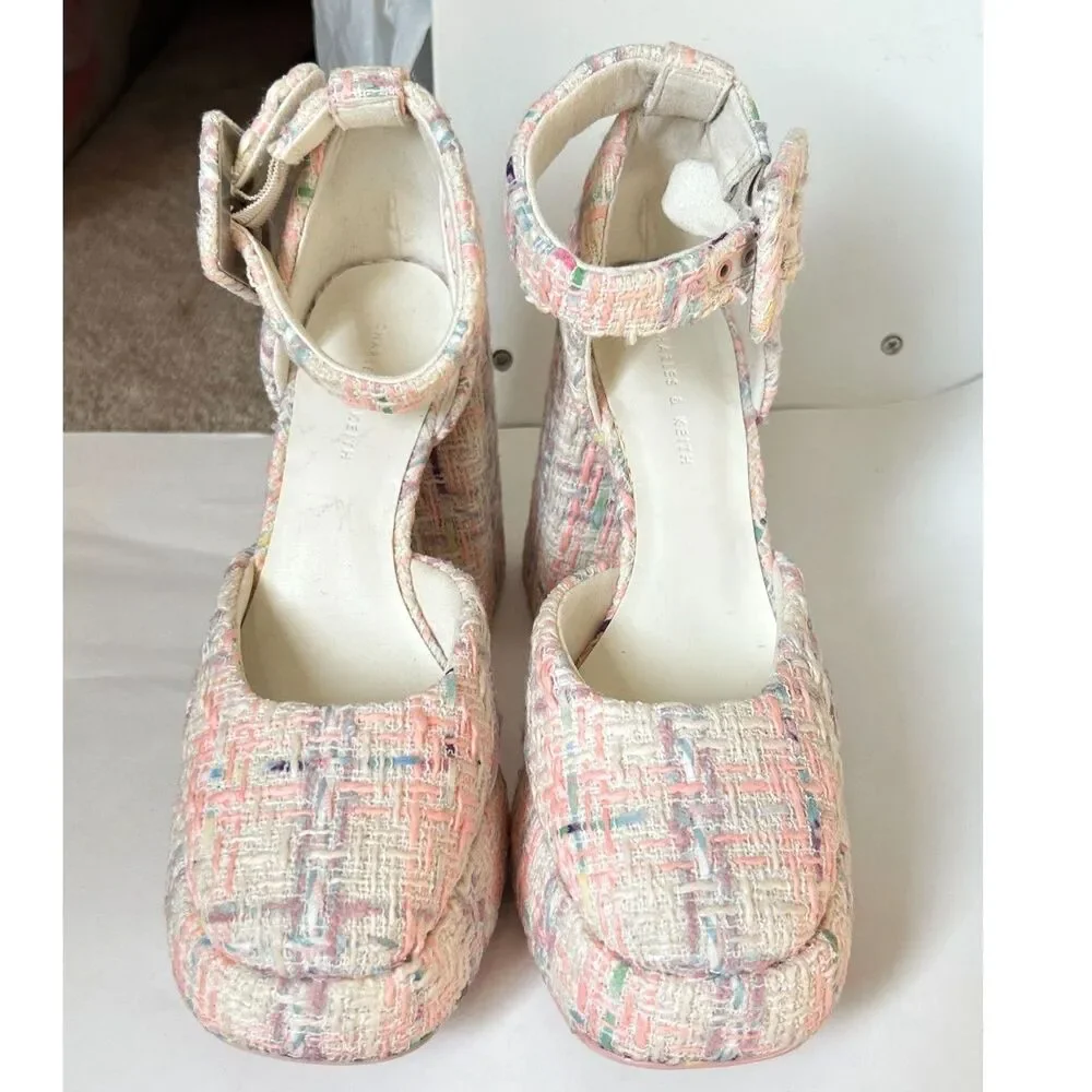 Charles & Keith Multi-Color Tweed D'Orsay Platform Chunky Block Heel Pumps